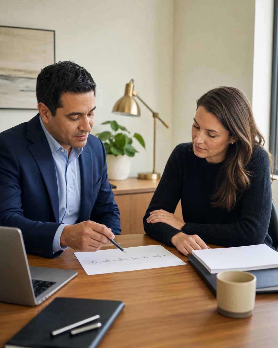 Tax professional calmly reviewing a filing compliance timeline with a client
