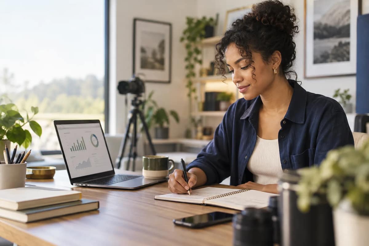 Independent content creator organizing a digital business income plan in a modern home studio