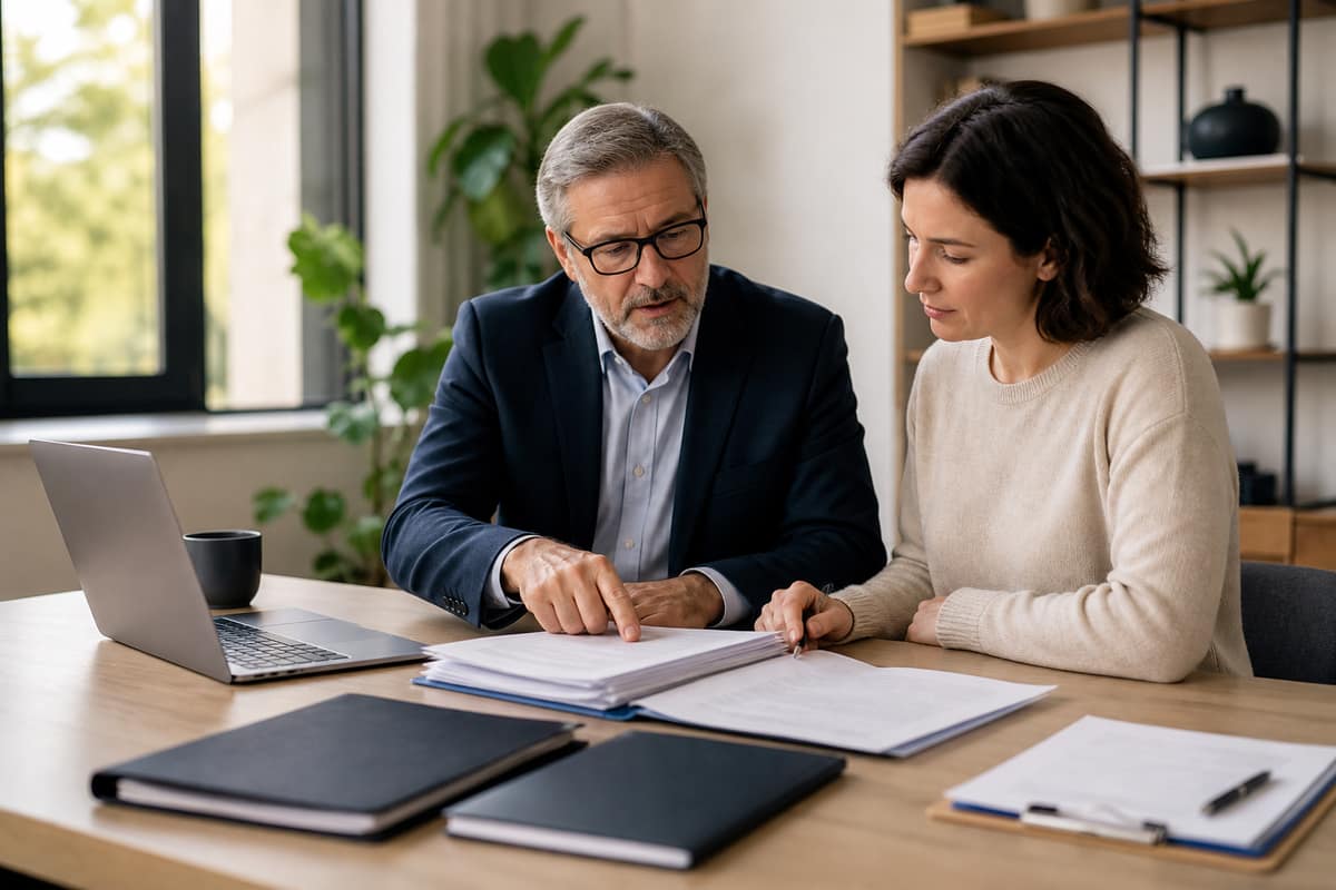Business owner and tax professional reviewing organized entity-return workpapers