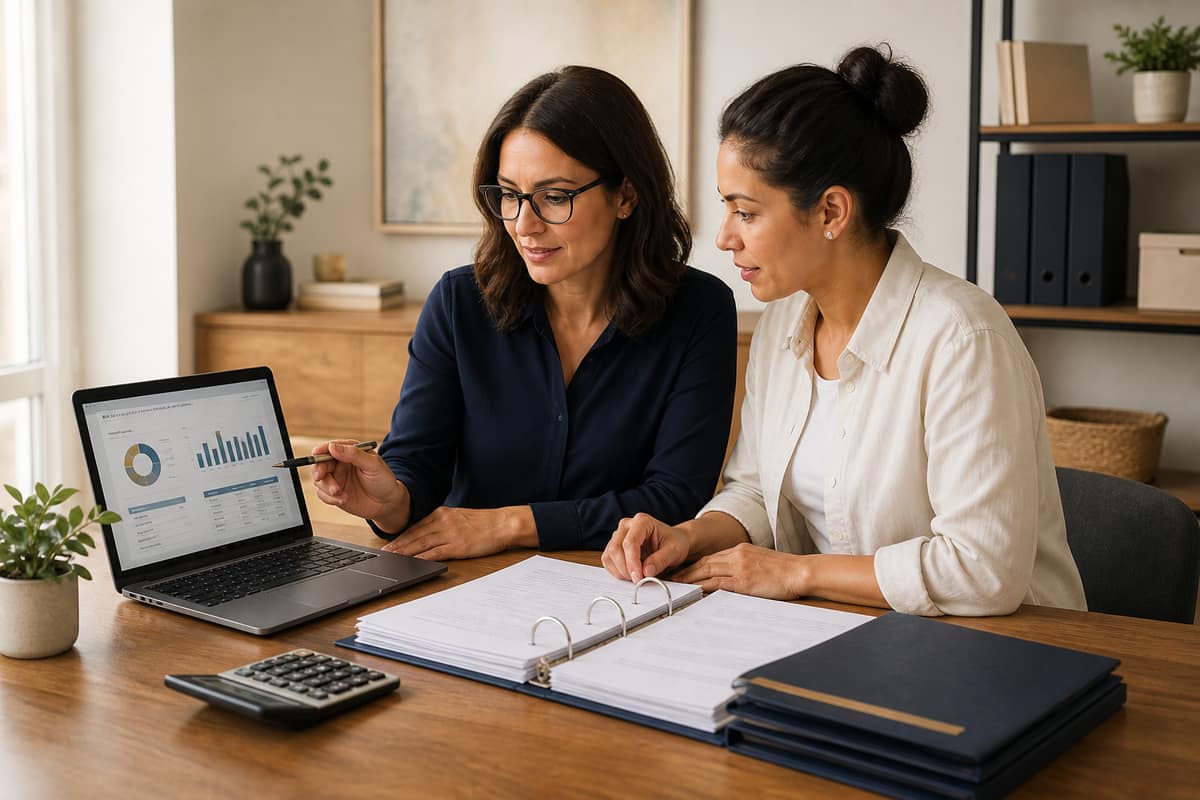 Business owner and bookkeeper reviewing organized monthly financial records