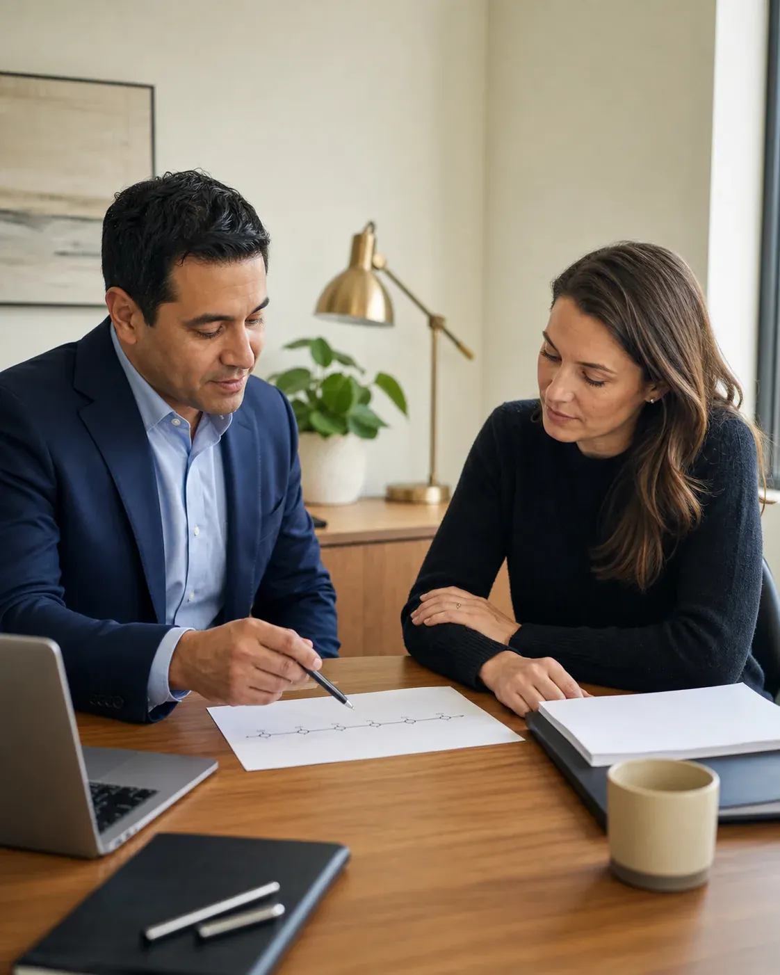 Tax professional calmly reviewing a filing compliance timeline with a client