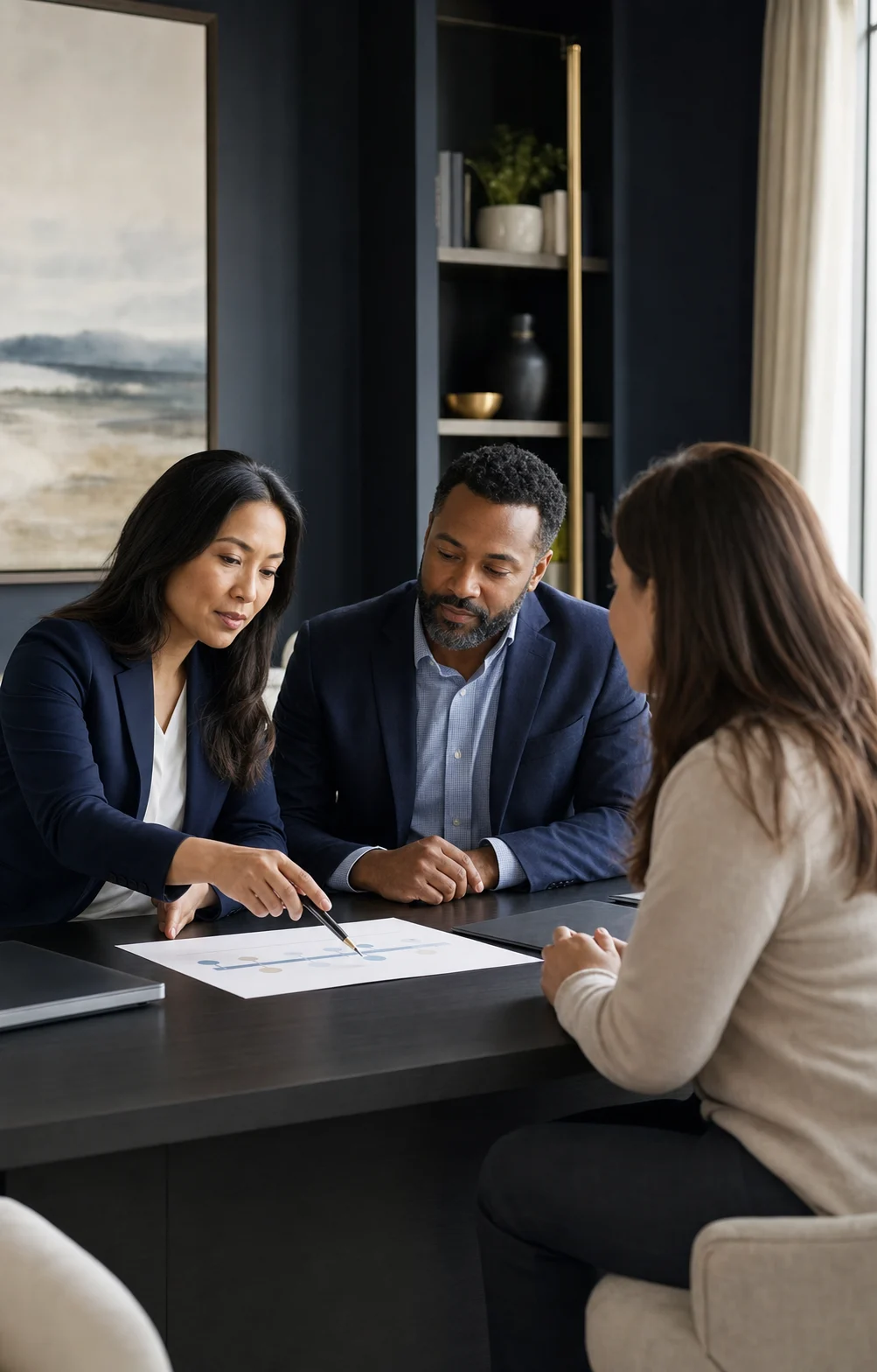 Tax professionals calmly reviewing a filing compliance plan with a client